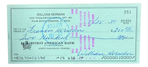 Billy Herman Chicago Cubs Signed Personal Bank Check #251 BAS