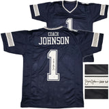 COWBOYS JIMMY JOHNSON AUTOGRAPHED BLUE JERSEY "HOF 20" BECKETT WITNESS 239849