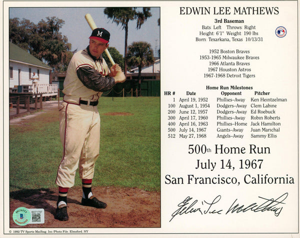 Braves Edwin Lee Mathews Authentic Signed 8x10 Photo Autographed BAS #BD71797