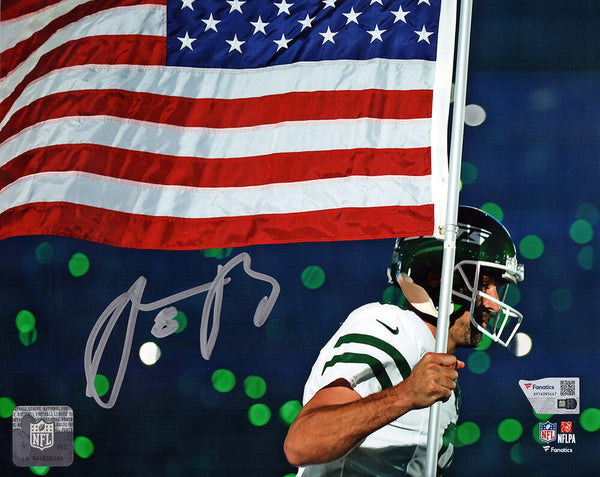 Aaron Rodgers Signed New York Jets Running With Flag 8x10 Photo - (FANATICS COA)