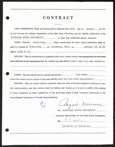 Biggie Munn HOF Michigan State Head Coach Signed/Auto Contract JSA BA199657