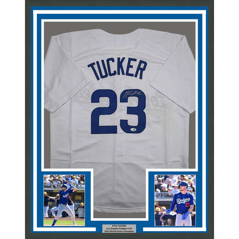 Framed Autographed/Signed Kyle Tucker 35x39 LA White Jersey JSA COA