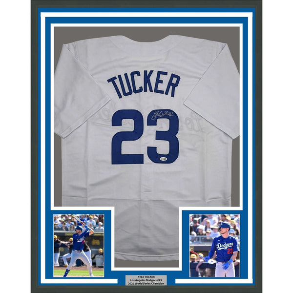 Framed Autographed/Signed Kyle Tucker 35x39 LA White Jersey JSA COA
