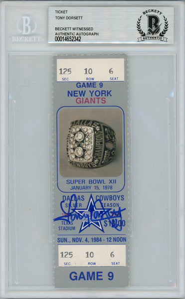 Tony Dorsett Autographed 11/4/1984 vs Giants Full Ticket Beckett Slab 39167