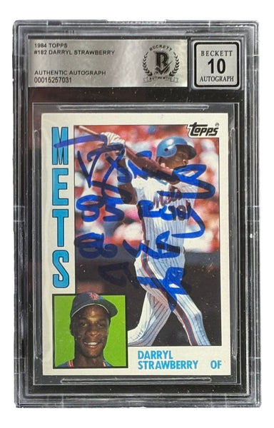 Darryl Strawberry Signed 1984 Topps #182 Mets Rookie Card w/ 2 Insc BAS Auto 10