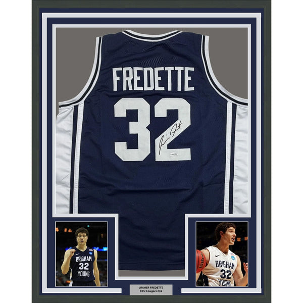 Framed Autographed/Signed Jimmer Fredette 35x39 BYU Blue Jersey JSA COA