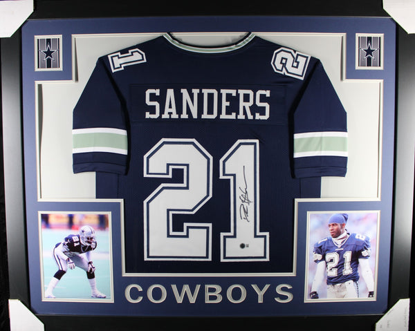 Deion Sanders Autographed Pro Style Sz XL Blue Framed Jersey 35x43 Beckett 57309