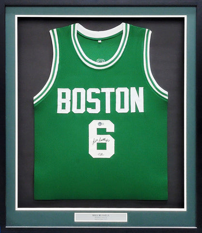BOSTON CELTICS BILL RUSSELL AUTOGRAPHED FRAMED GREEN JERSEY BECKETT QR 210988