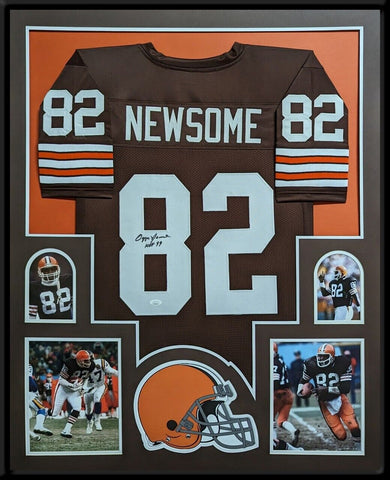 FRAMED CLEVELAND BROWNS OZZIE NEWSOME AUTOGRAPHED INSCRIBED JERSEY JSA COA