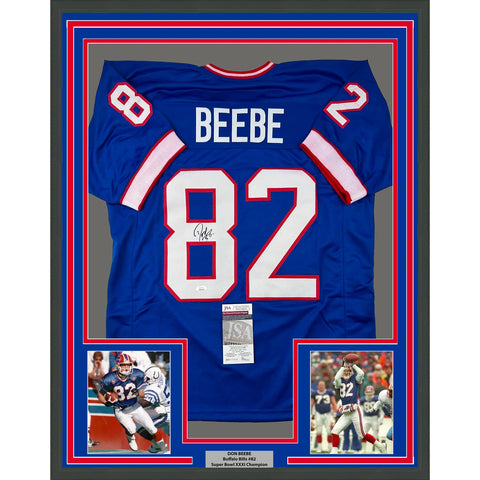 Framed Autographed/Signed Don Beebe 35x39 Buffalo Blue Football Jersey JSA COA