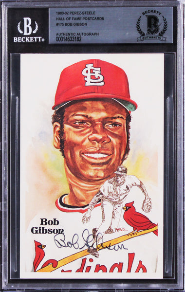 Cardinals Bob Gibson Signed 3.5x5.5 1980 Perez-Steele HOF Postcard #175 BAS Slab