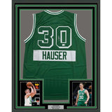 Framed Autographed/Signed Sam Hauser 35x39 Boston Green CE Jersey BAS COA