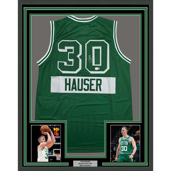 Framed Autographed/Signed Sam Hauser 35x39 Boston Green CE Jersey BAS COA
