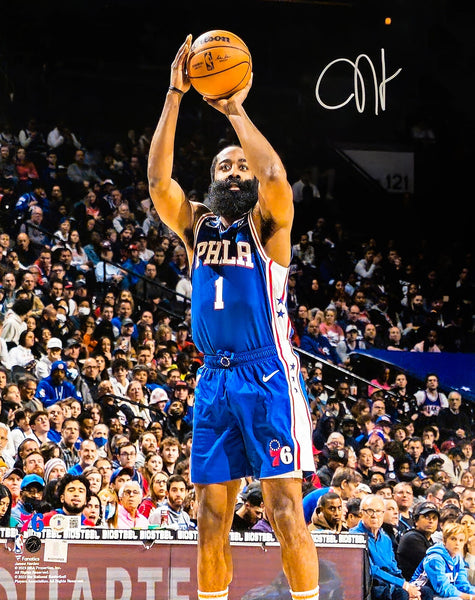 JAMES HARDEN AUTOGRAPHED 16X20 PHOTO PHILADELPHIA 76ERS BECKETT WITNESS 214078