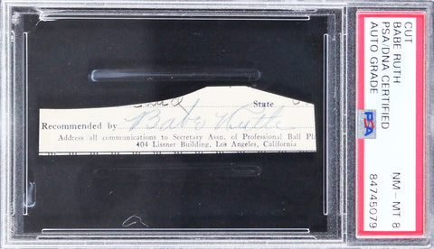 Yankees Babe Ruth Authentic Signed .65x3.25 Cut Sig Auto NM-MT 8 PSA/DNA Slabbed