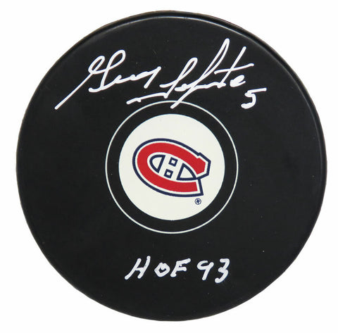 Guy Lapointe Signed Montreal Canadiens Hockey Puck w/HOF'93 - SCHWARTZ
