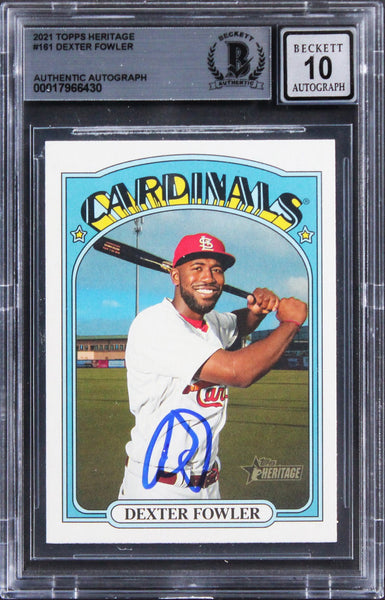 Cardinals Dexter Fowler Signed 2021 Topps Heritage #161 Card Auto 10! BAS Slab