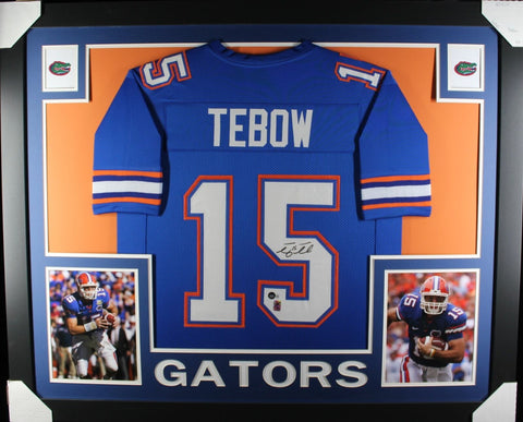 Tim Tebow Autographed/Signed Pro Style Framed Blue XL Jersey BAS 40148