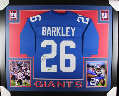 SAQUON BARKLEY (Giants blue SKYLINE) Signed Autographed Framed Jersey Beckett
