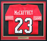 49ERS CRISTIAN MCCAFFREY AUTOGRAPHED FRAMED RED JERSEY BECKETT WITNESS 218631