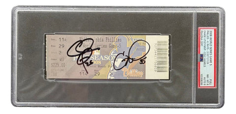 Chase Utley Cole Hamels Signed Phillies 2008 WS Gm 5 Ticket PSA NM-MT8 Auto 9