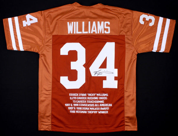 Ricky Williams Signed Texas Longhorns Career Highlight Stat Jersey (JSA COA)