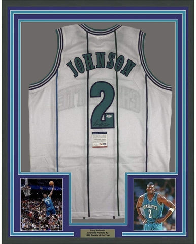 FRAMED Signed LARRY JOHNSON 35x39 Charlotte White Jersey PSA COA