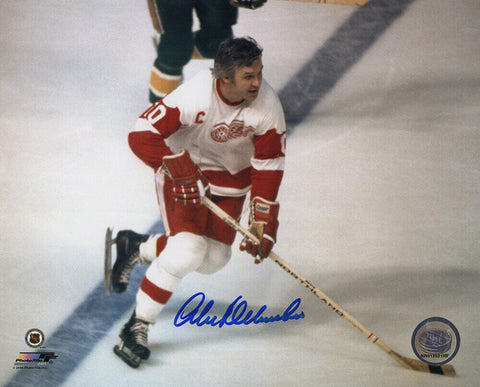Alex Delvecchio Signed Red Wings White Jersey Skating Action 8x10 Photo (SS COA)