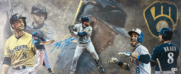 Brewers RYAN BRAUN Signed 13x31 Stretched Canvas Milwaukee Collage AUTO - BAS