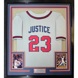 Framed Autographed/Signed David Justice 35x39 Atlanta Grey Jersey JSA COA