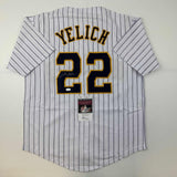 Autographed/Signed Christian Yelich Milwaukee Pinstripe Baseball Jersey JSA COA