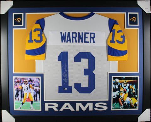 Kurt Warner Autographed/Signed Pro Style Framed White XL Jersey Beckett 40150