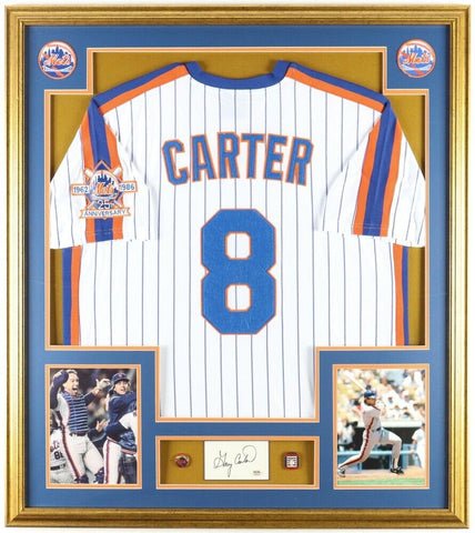 Gary Carter Signed Framed Cut Display w/ New York Mets Jersey HOF Pin (PSA COA)p