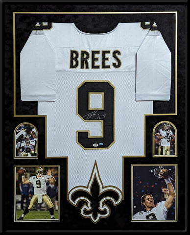 FRAMED IN SUEDE NEW ORLEANS SAINTS DREW BREES AUTOGRAPHED SIGNED JERSEY JSA COA