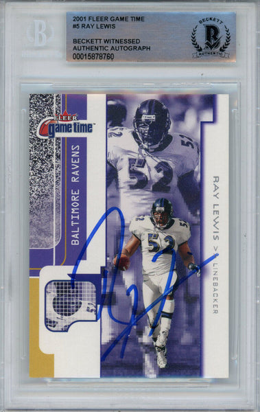 Ray Lewis Autographed 2001 Fleer Game Time #5 Trading Card Beckett Slab 43377