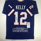 Autographed/Signed JIM KELLY Buffalo Blue Stat Football Jersey JSA COA Auto