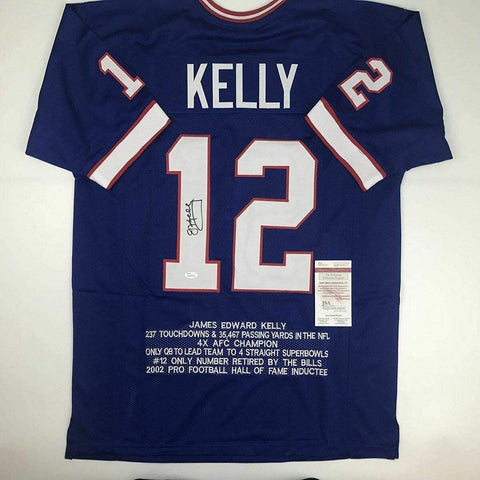 Autographed/Signed JIM KELLY Buffalo Blue Stat Football Jersey JSA COA Auto