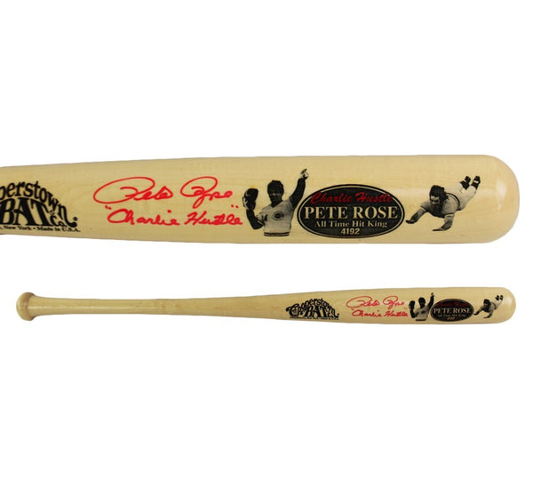 Pete Rose Signed Cincinnati Reds Cooperstown Engraved Blonde Bat - Charlie Hustl