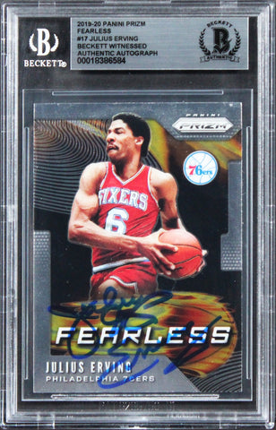 76ers Julius "Dr. J" Erving Signed 2019 Panini Prizm Fearless #17 Card BAS Slab