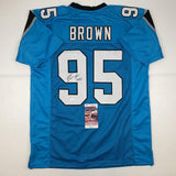 Autographed/Signed DERRICK BROWN Carolina Blue Football Jersey JSA COA Auto