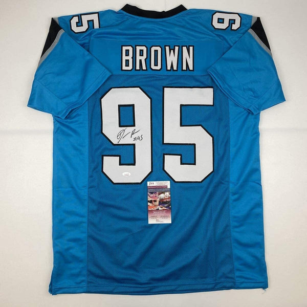 Autographed/Signed DERRICK BROWN Carolina Blue Football Jersey JSA COA Auto