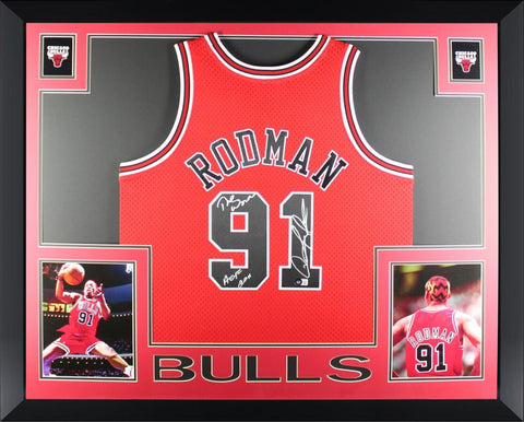 Dennis Rodman Autographed Chicago Bulls Mitchell Ness Framed Jersey Beckett COA