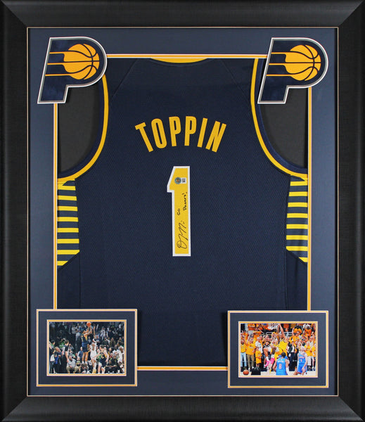 Obi Toppin "Go Pacers!" Signed Navy Pro Style Framed Jersey BAS Witnessed