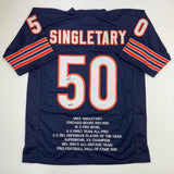 Autographed/Signed Mike Singletary HOF 98 Chicago Blue Stat Jersey JSA COA