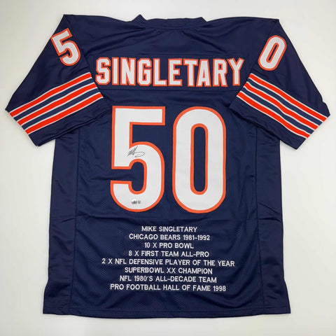 Autographed/Signed Mike Singletary HOF 98 Chicago Blue Stat Jersey JSA COA