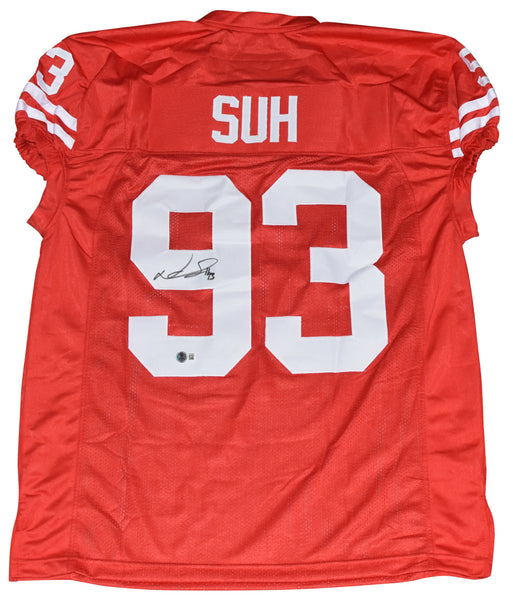 NDAMUKONG SUH SIGNED NEBRASKA CORNHUSKERS #93 RED GAME CUT JERSEY BECKETT