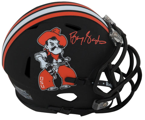 Barry Sanders Signed Oklahoma State Pistol Pete Black Mini Helmet (SCHWARTZ COA)