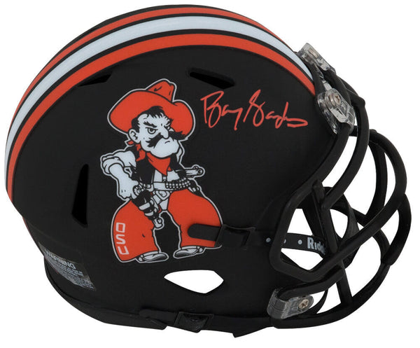 Barry Sanders Signed Oklahoma State Pistol Pete Black Mini Helmet (SCHWARTZ COA)