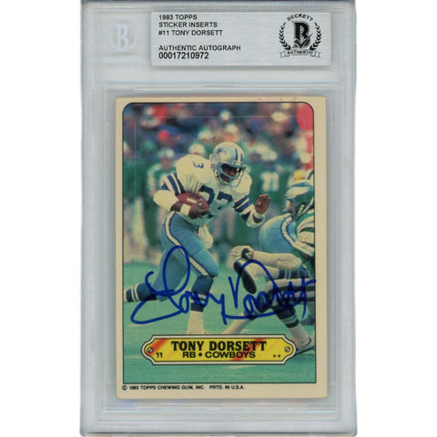 Tony Dorsett Autographed 1983 Topps Sticker Slabbed Trading Card Beckett 45921