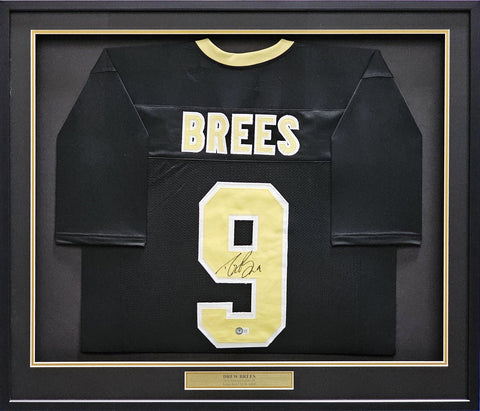 SAINTS DREW BREES AUTOGRAPHED SIGNED FRAMED BLACK JERSEY BECKETT WITNESS 214094